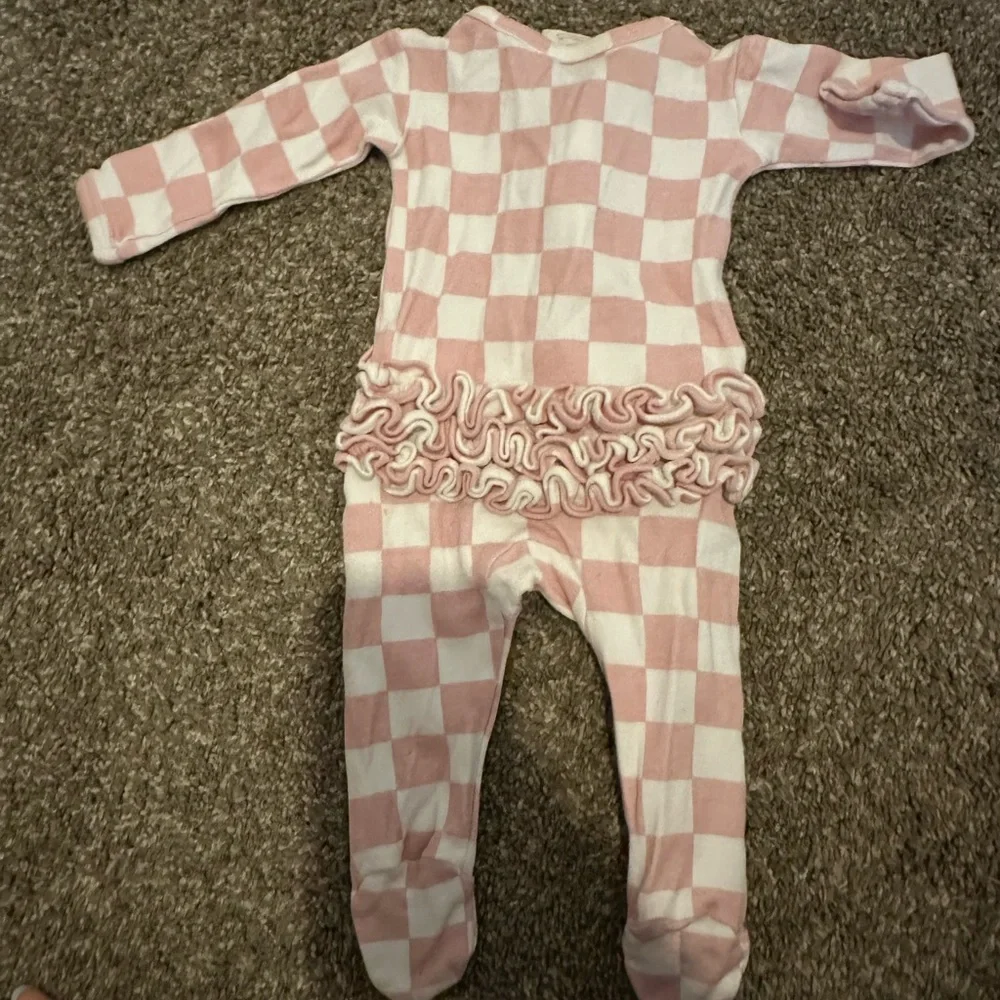Pink & White Checker Ruffle Baby One-Piece - Picture 2 of 5
